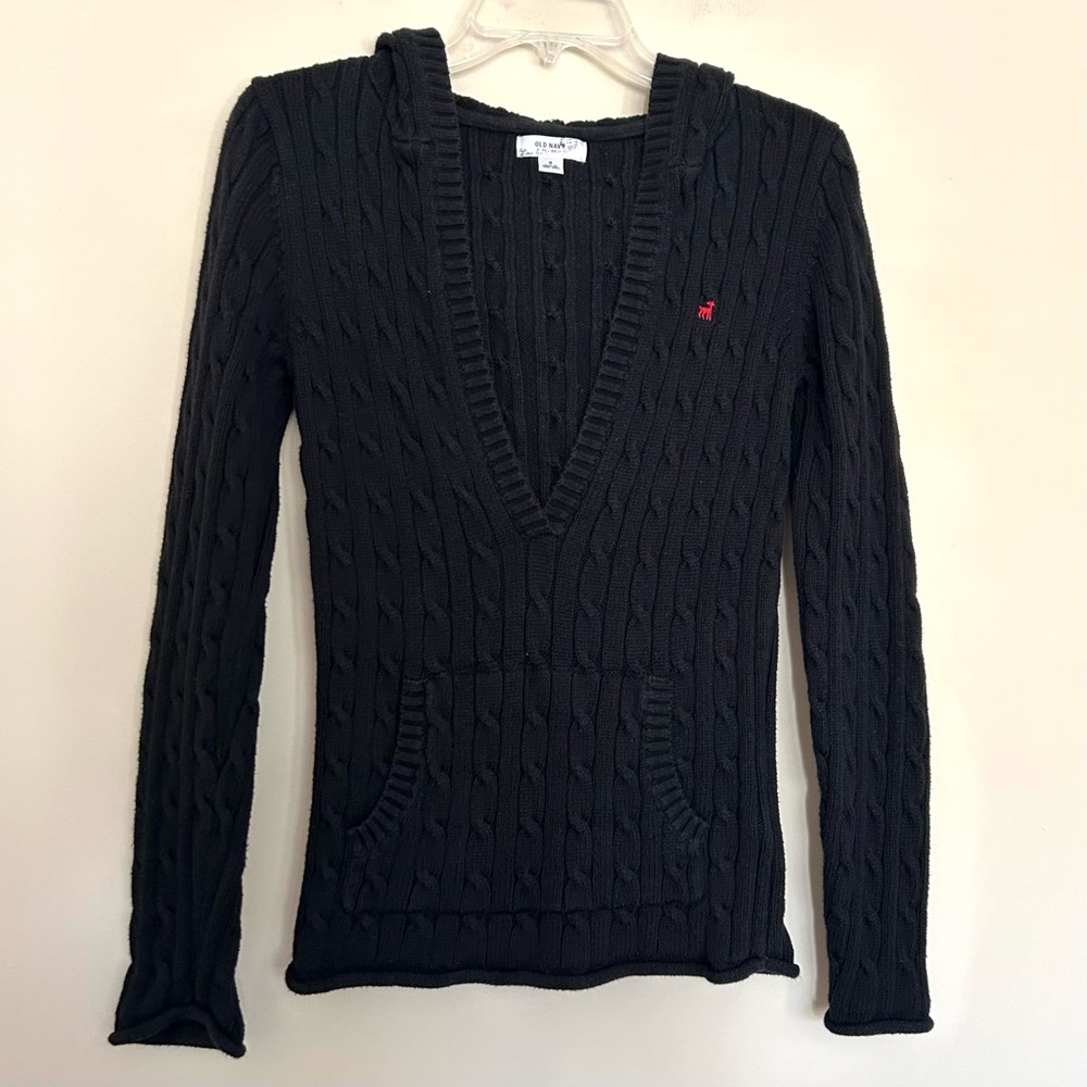 Old Navy Women’s Black Cable Knit V-Neck Hoodie